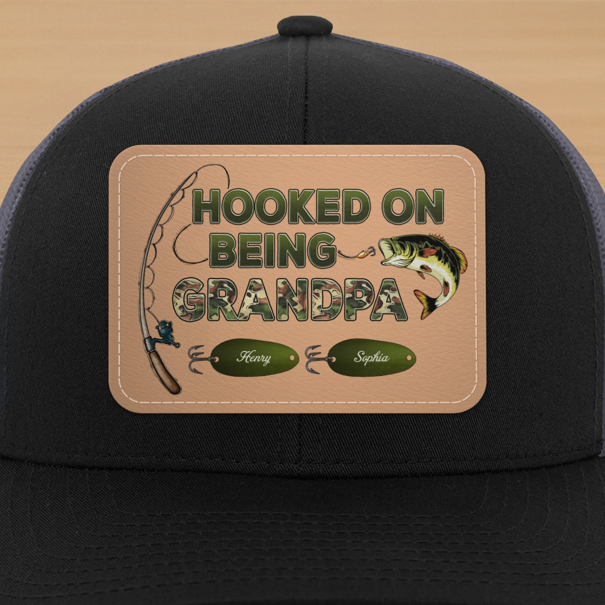 Hooked On Being Grandpa Papa Fishing Camouflage Personalized Leather Patch Hat, Father's Day gift