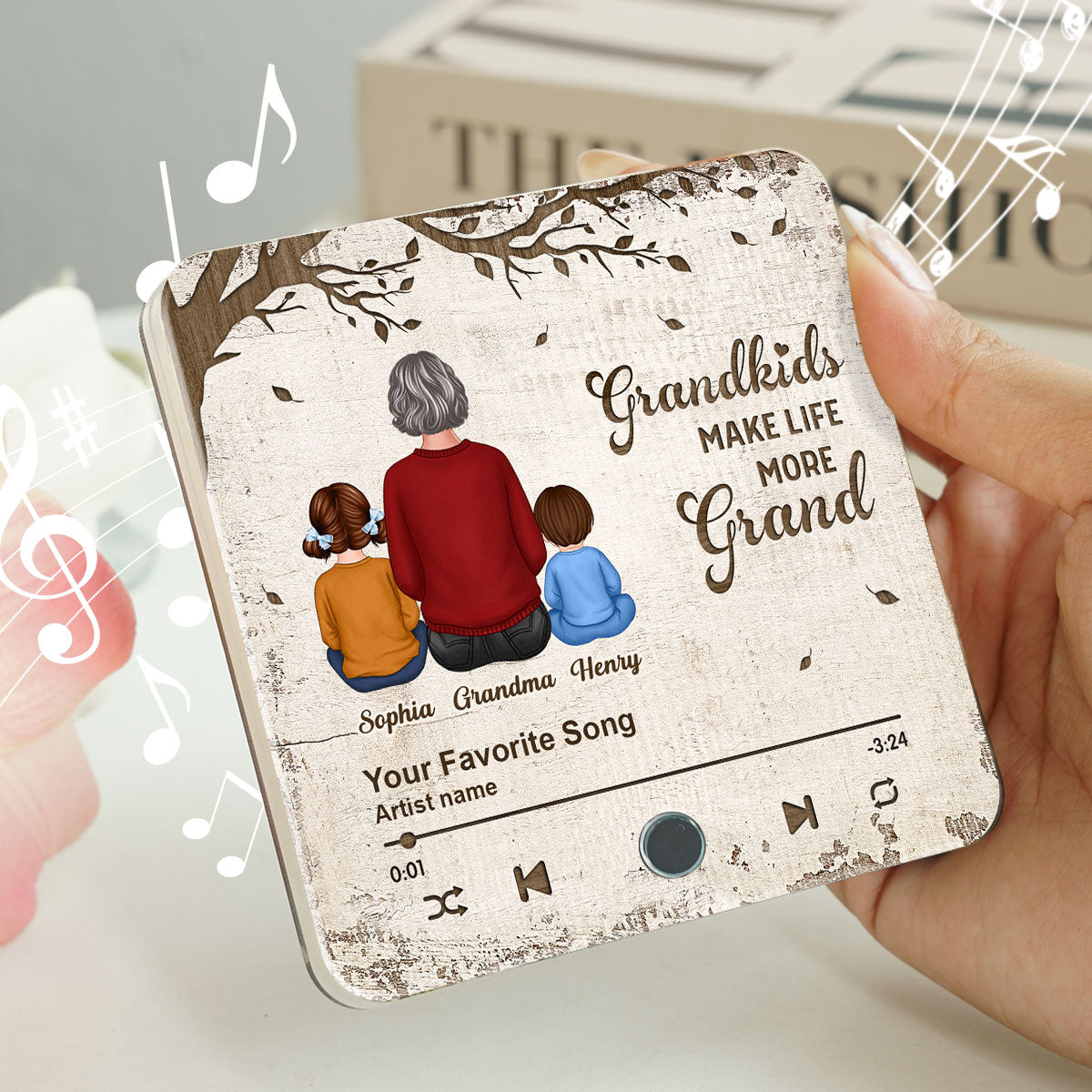 Grandkids Make Life More Grand, Grandma Grandkids Sitting Back View Personalized Music Fridge Magnet, Gift for Grandma