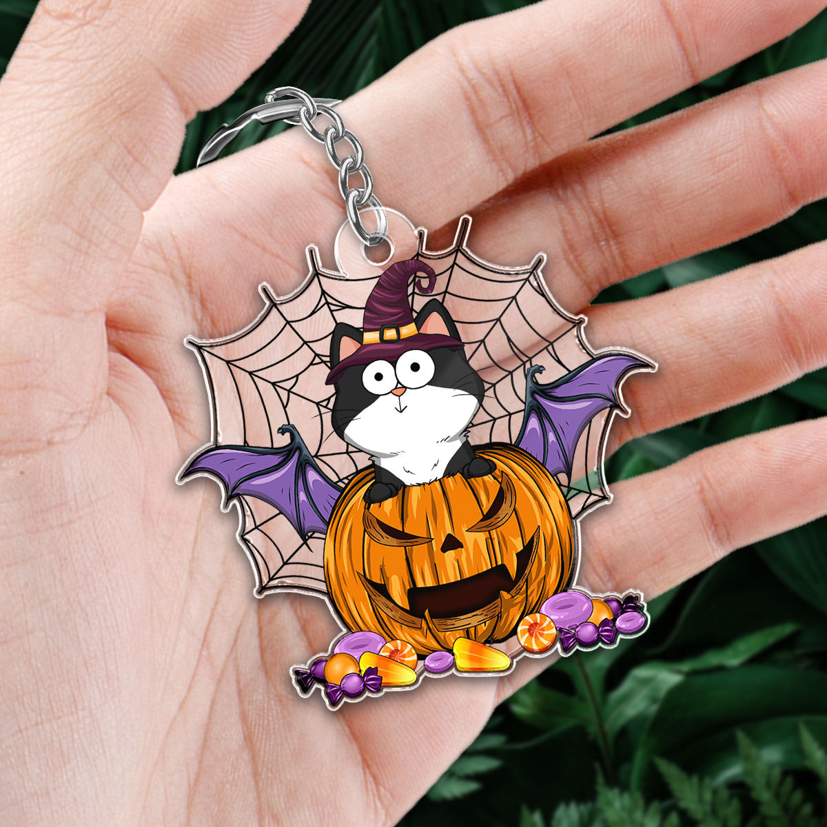 Halloween Funny Expression Cats On Pumpkin Spider Net Personalized Acrylic Keychain