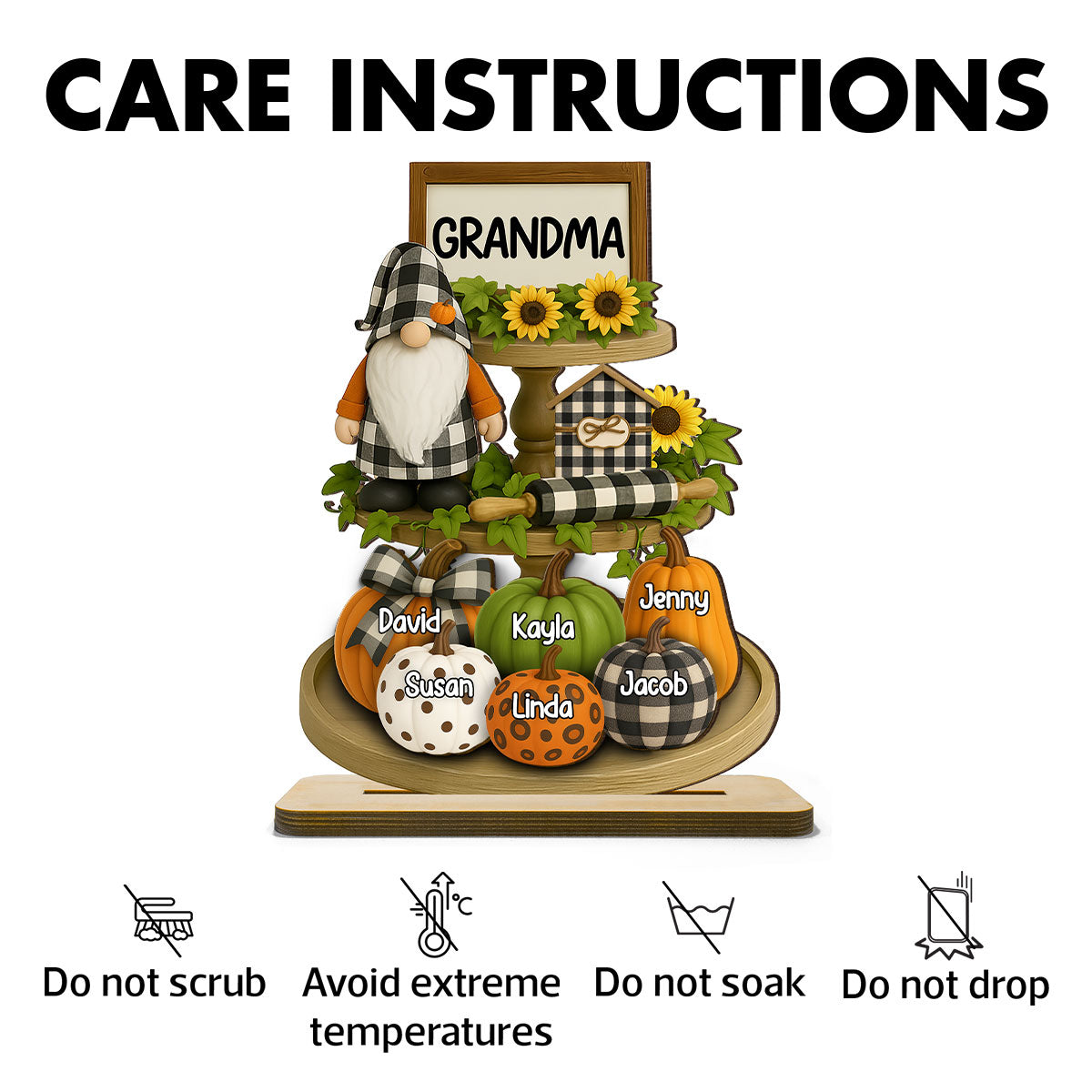 Grandma Mom Fall Season Tiered Tray 3D Effect Personalized Standing Wooden Plaque