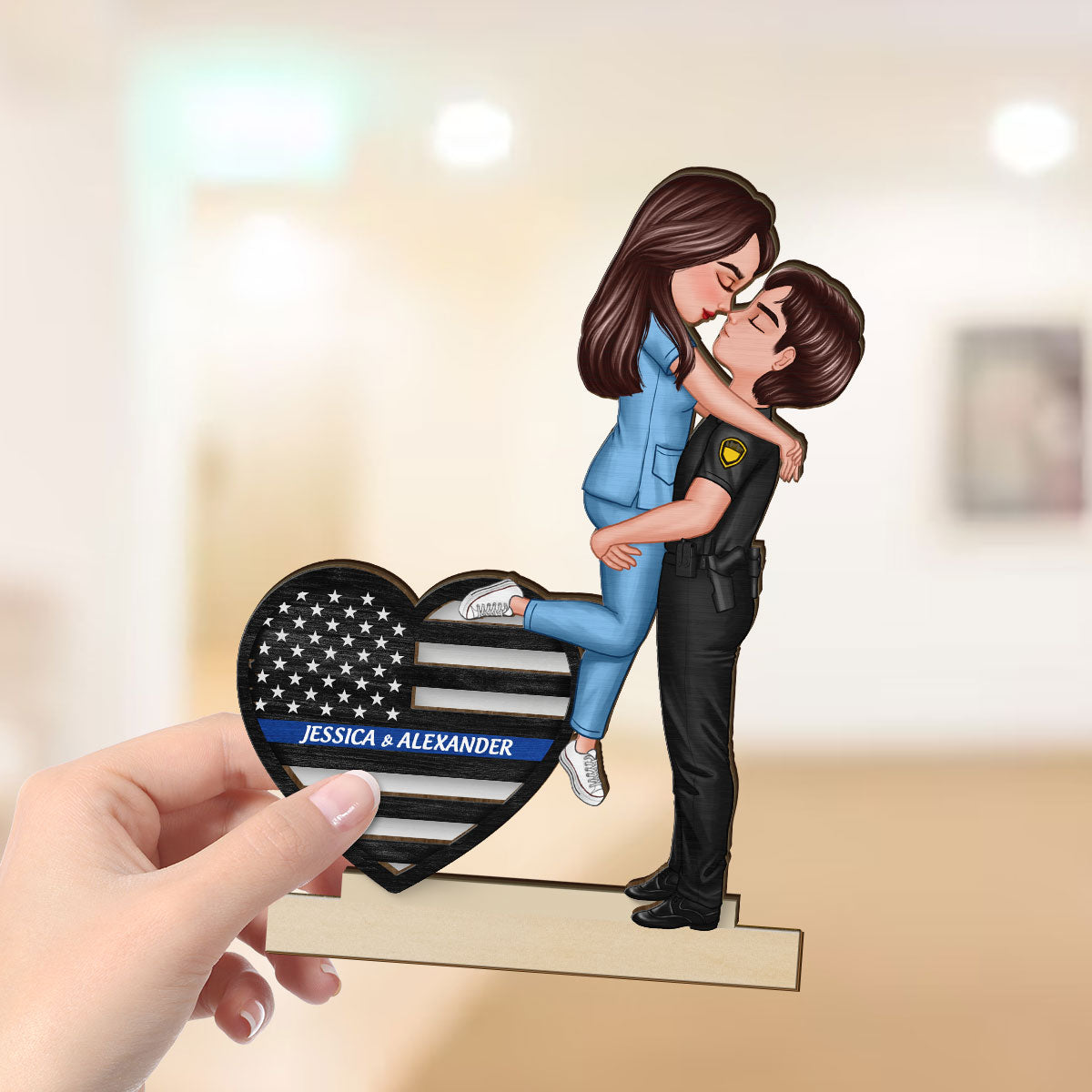Hero Couple Hugging Kissing Keepsake  Gift by Occupation Personalized 2-Layer Standing Wooden Plaque
