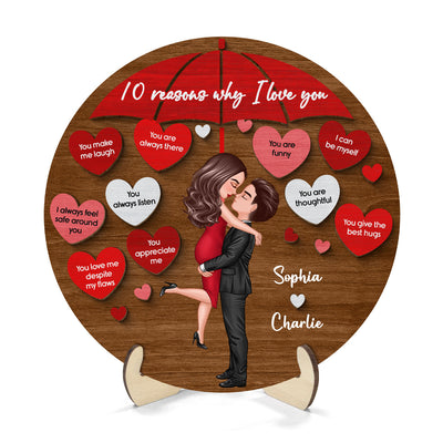 Reasons I Love You Couple Kissing Under Umbrella Personalized 2-layer Wooden Plaque