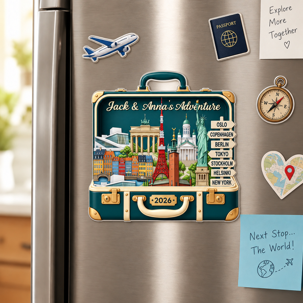 Custom Travel Adventure Suitcase 2D Flat Printed - Personalized Acrylic Fridge Magnet - Traveling Destination Keepsake, Christmas Gift For Traveling Lovers