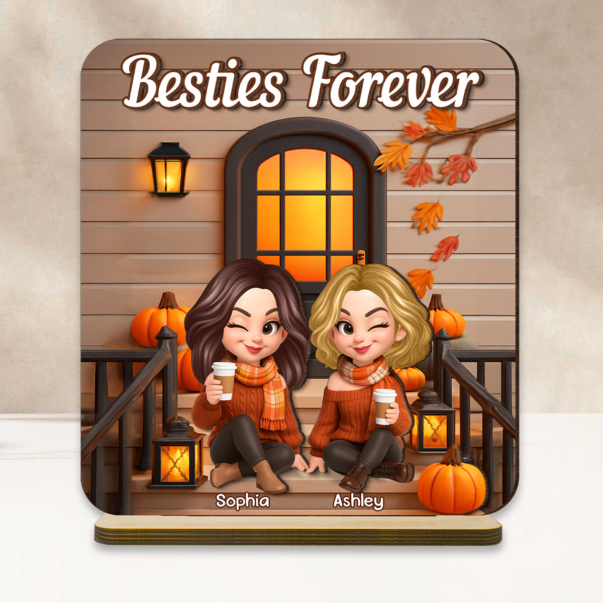 Fall Season Besties Forever Personalized Standing Wooden Plaque, Fall Gift for Best Friends