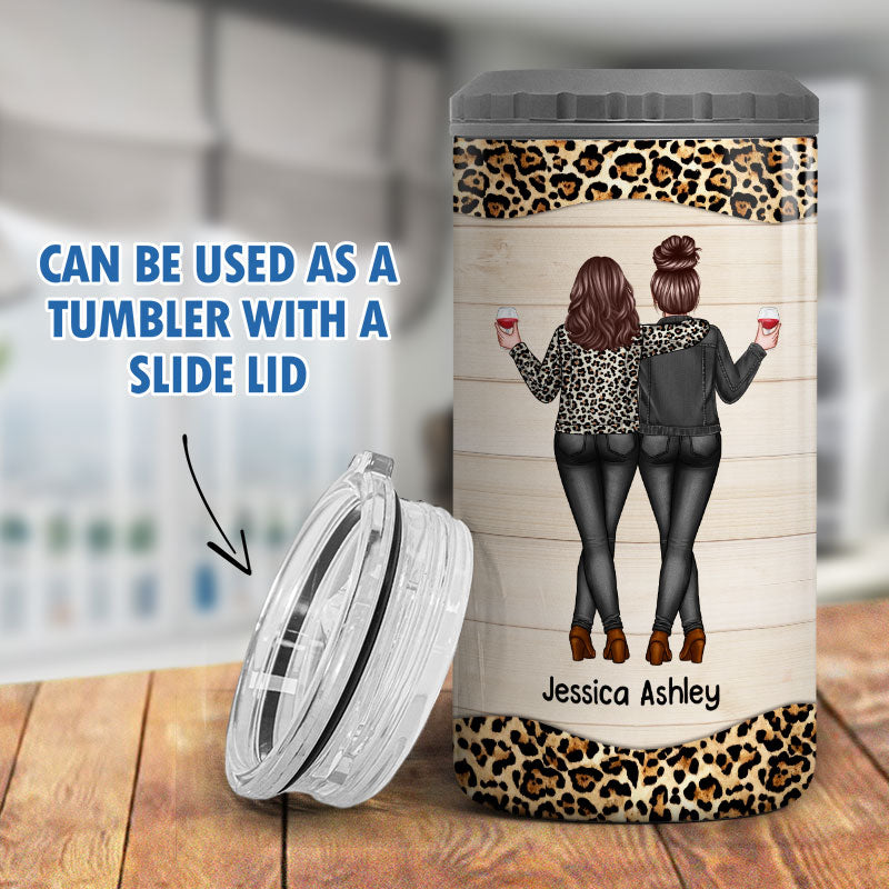 Back View Besties Leopard Personalized Multiple Use 4 In 1 Can Cooler Tumbler