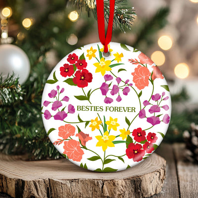 Custom Sisters Besties Birth Flower Bouquet Artwork Minimalist Personalized Circle Ceramic Ornament