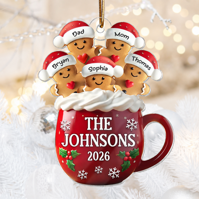 3D Effect Gingerbread Family In Hot Cocoa Christmas Decor Personalized Acrylic Ornament