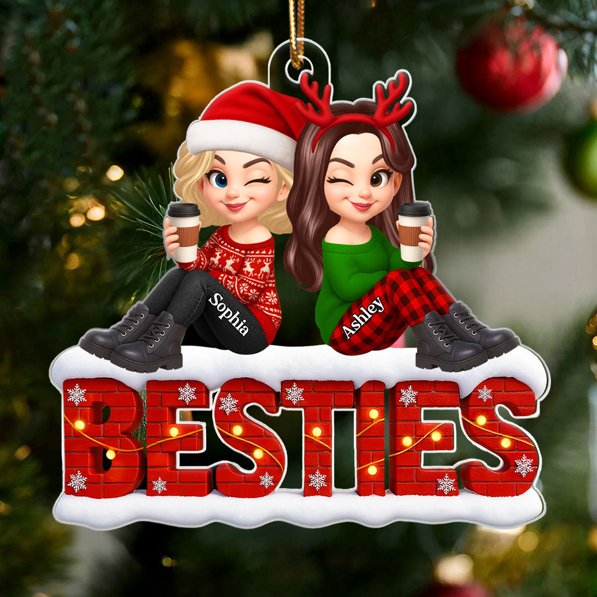 Snowy Brick Wall Besties Sisters Personalized Acrylic Ornament