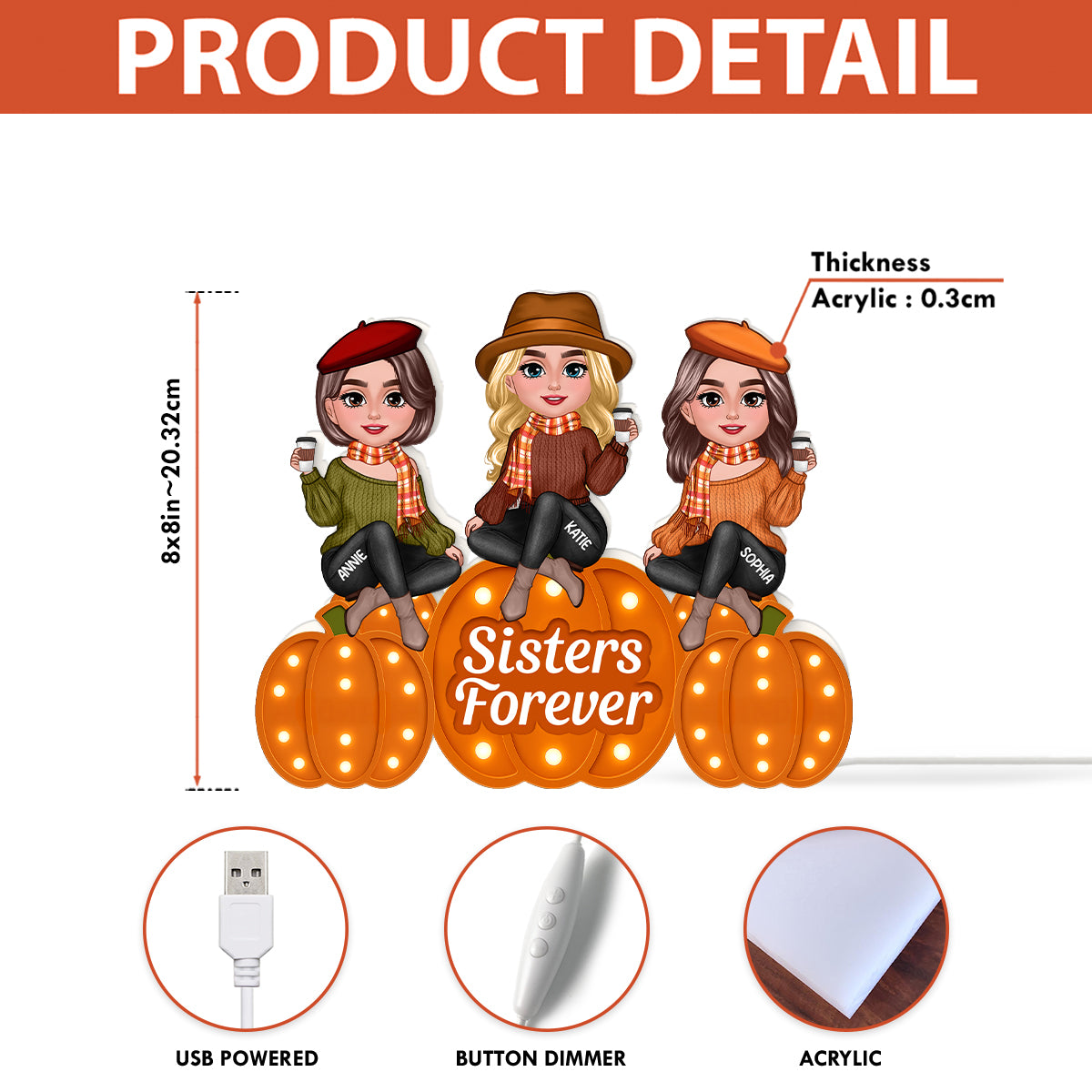 Fall Season Sisters On Marquee Pattern Texture Pumpkins Personalized LED Light Box