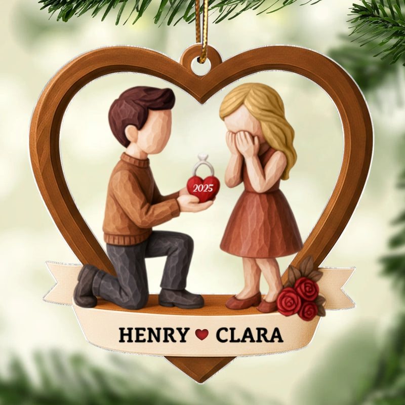 Couple Marriage Proposal 3D Wooden Effect - Personalized Acrylic Ornament - Newly Engaged Gift, "She Said Yes!" Christmas Ornament