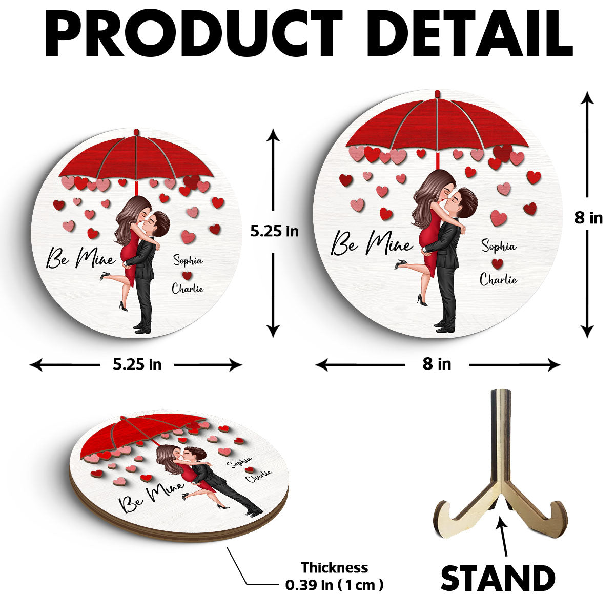 Be Mine Couple Kissing Under Umbrella Personalized 2-layer Wooden Plaque