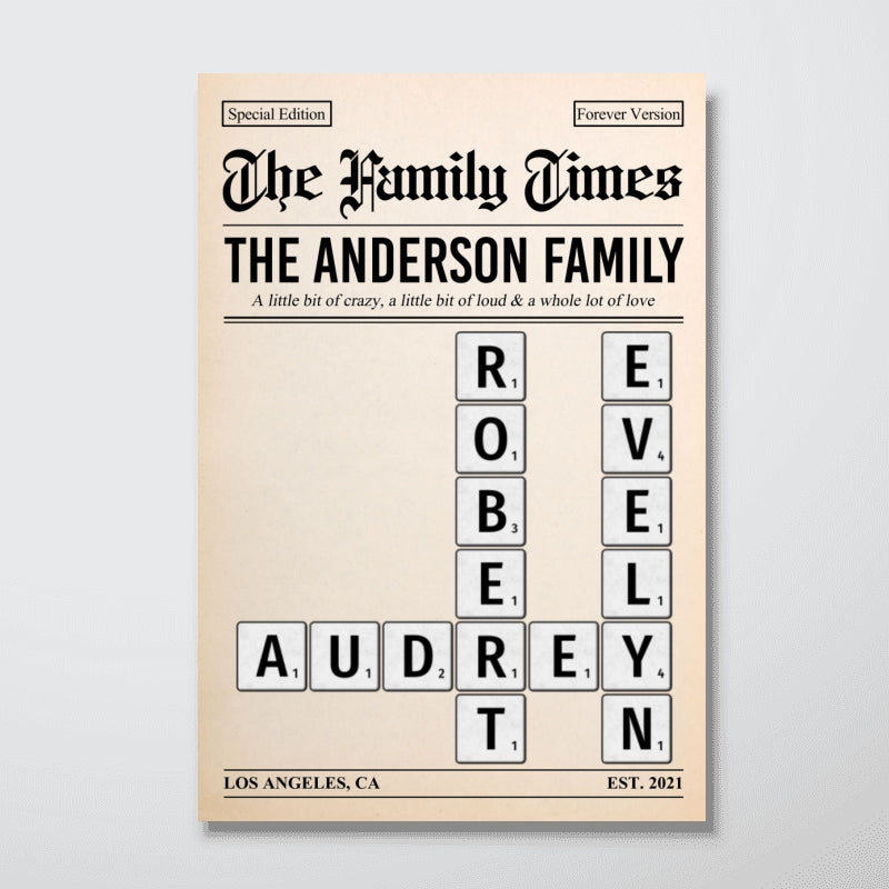 The Family Times Crossword Puzzle Newspaper Style - Personalized Poster - Home Decor Keepsake Gift For Family