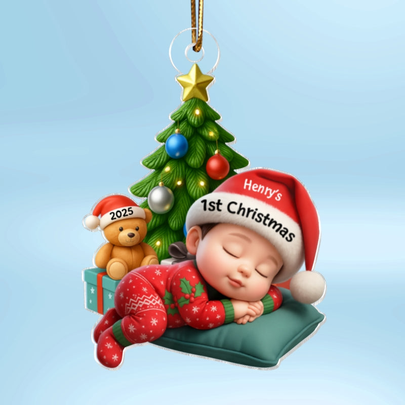 Sleeping Baby in Christmas Pajama Personalized Acrylic Ornament, Baby's 1st Christmas