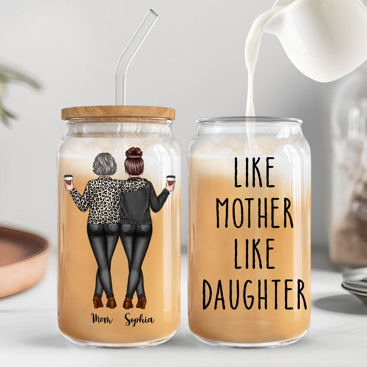 Back View Mom Daughter Like Mother Like Daughter Mother‘s Day Gift Personalized Clear Glass Can