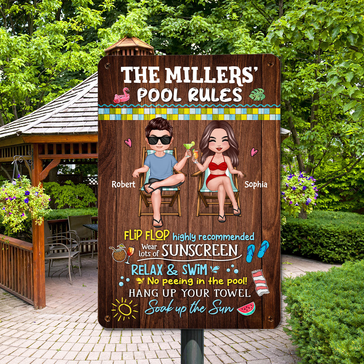 Family Pool Rule Sign Couple Wood Effect Personalized Metal Sign