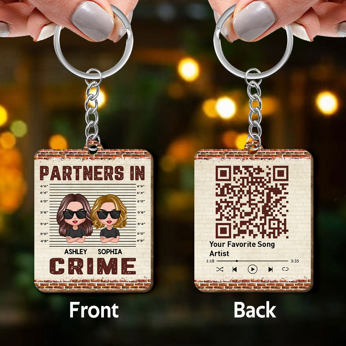 Doll Friends Besties Sisters Brothers Siblings Partners In Crime Favorite Song Scannable QR Code Personalized Wooden Keychain