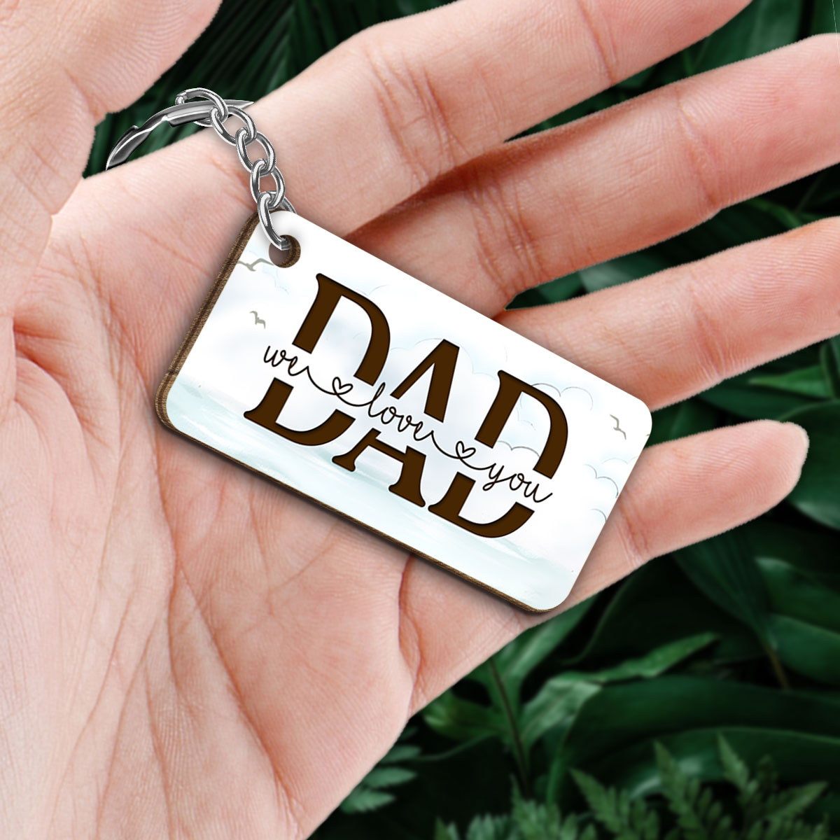 On The Bridge Best Dad Ever Back View Man Kids Dog Cat Father‘s Day Gift Personalized Wooden Keychain