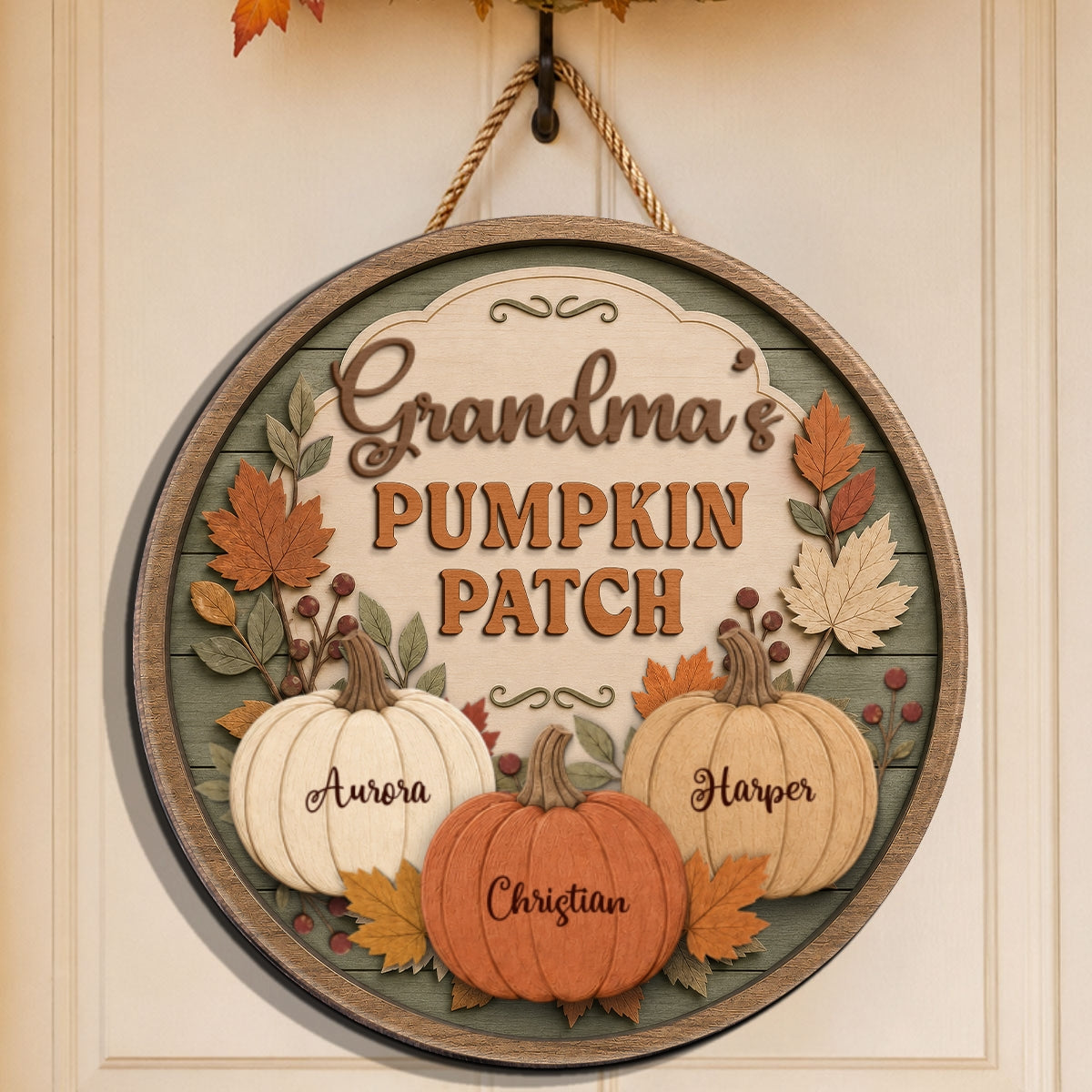 Grandma's Pumpkin Patch Vintage Style 2D Flat Printed - Personalized Door Hanger - Fall Season Decor For Grandparents