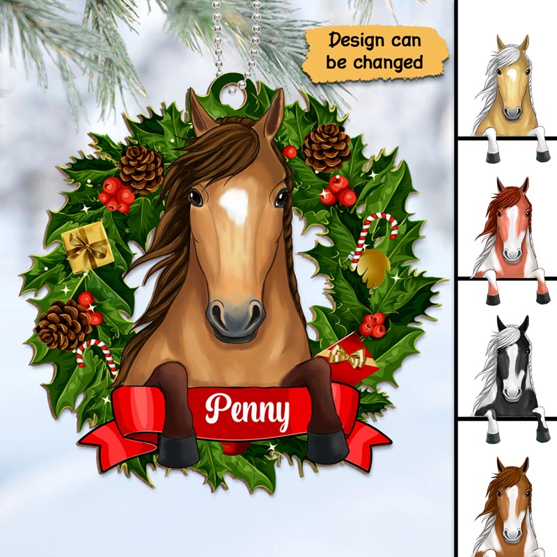 Christmas Wreath Peeking Horse Personalized Wooden Ornament