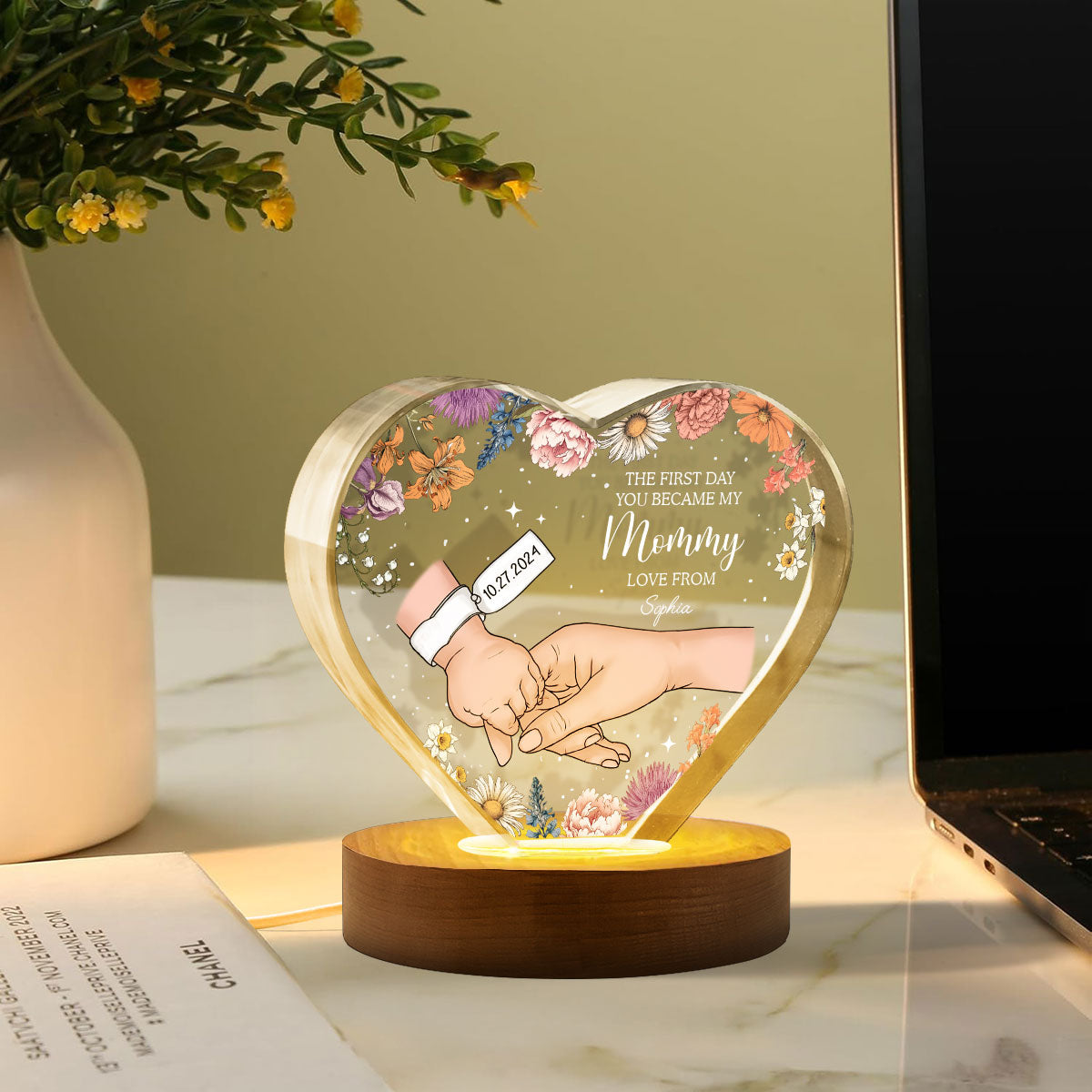 The First Day You Became My Mommy Personalized Premium Heart Crystal LED, Free Shipping Included,  Gift for her, Gift for New Mom