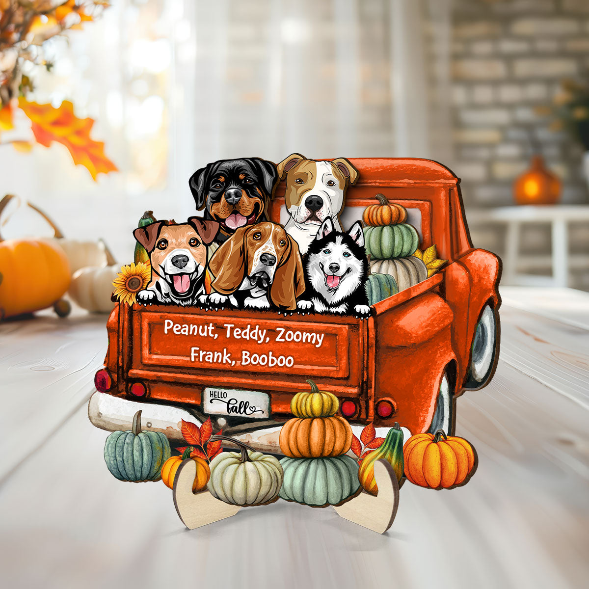 Hello Fall Dogs On Truck Personalized 2-Layered Wooden Plaque