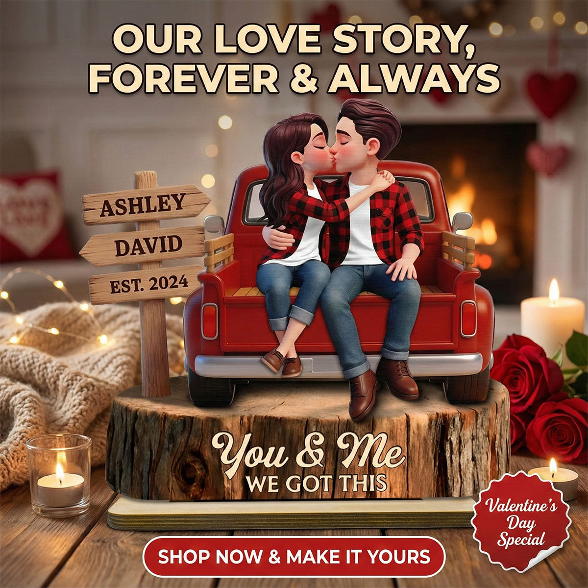 Everlasting Love Couple Sitting Kissing Pickup Truck Sign Posts - Personalized 2-Layered Wooden Plaque - Valentine's Day Gift For Couple, Farmhouse Decor