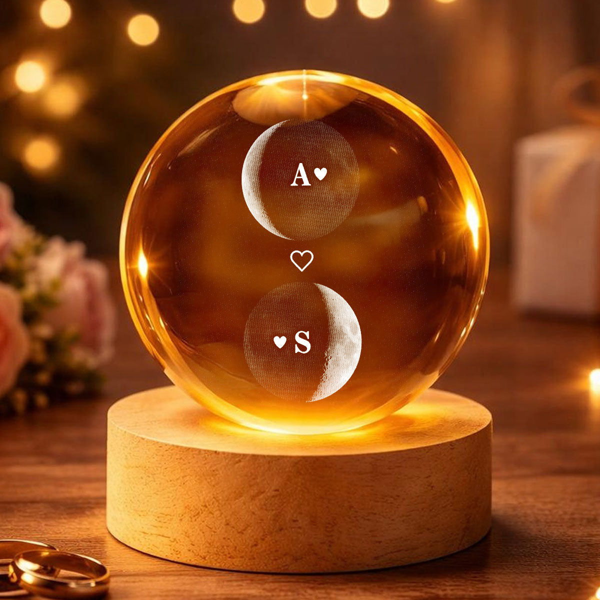 Custom Couple Moon Phase - Personalized Crystal Ball LED Night Light - Valentine's Day Gift For Couple, For Her, For Him