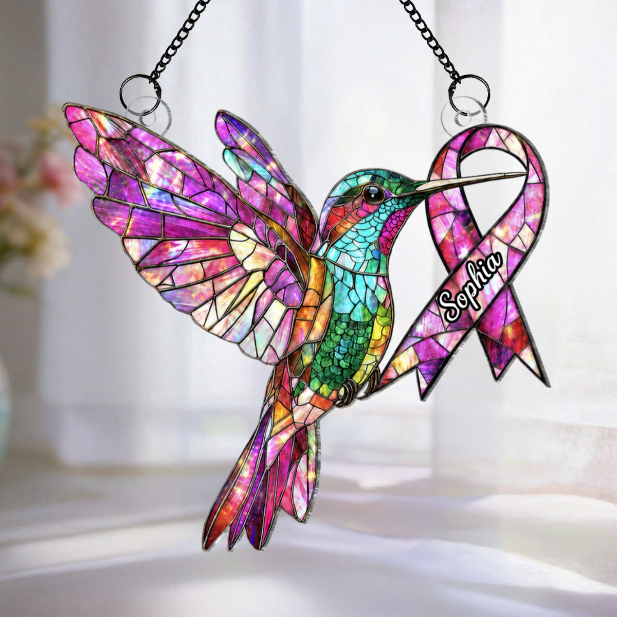 Hummingbird Pink Ribbon Custom Name - Personalized Acrylic Window Hanger - Breast Cancer Awareness Gift