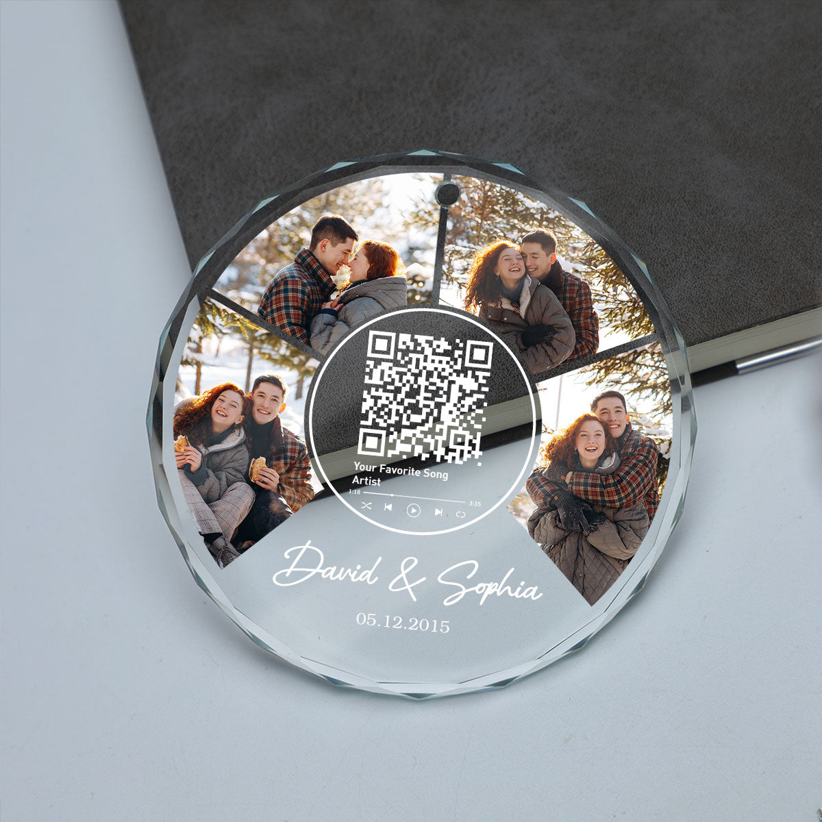 Couple Photo Custom Song Scannable QR Code, Personalized Glass Ornament