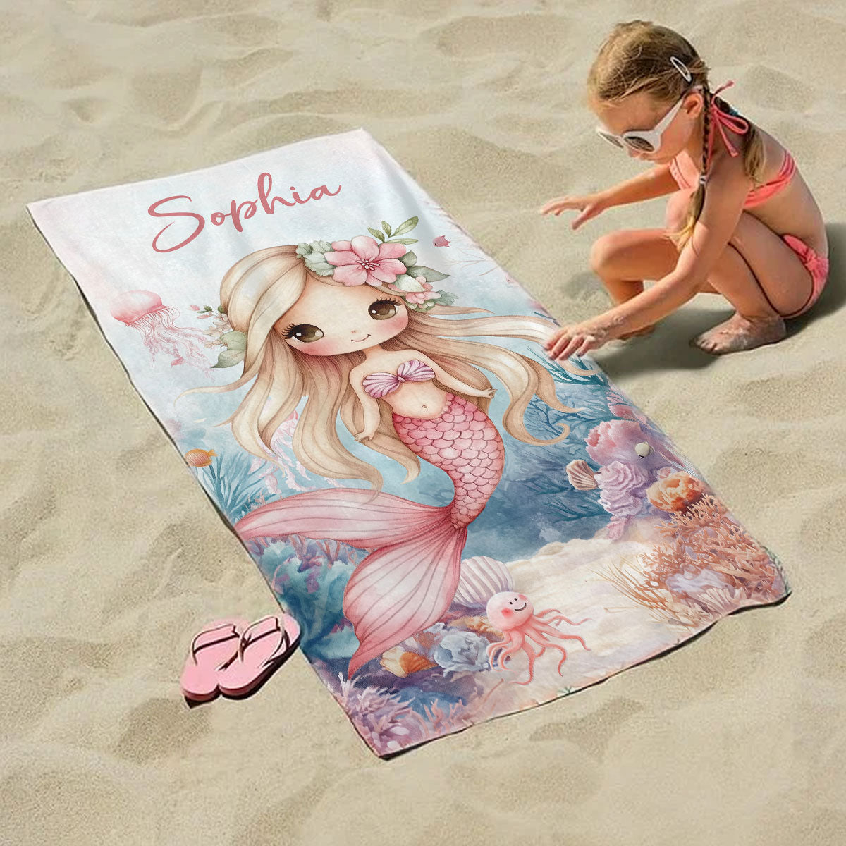 Sea World Cute Mermaid Personalized Beach Towel with Name, Beach Vacation Accessories Gift for Children, Bath Towel