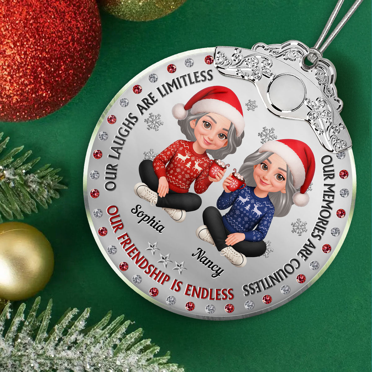 Christmas Besties Our Friendship Is Endless Metal Effect Texture - Personalized Glass Ornament With Silver Cap