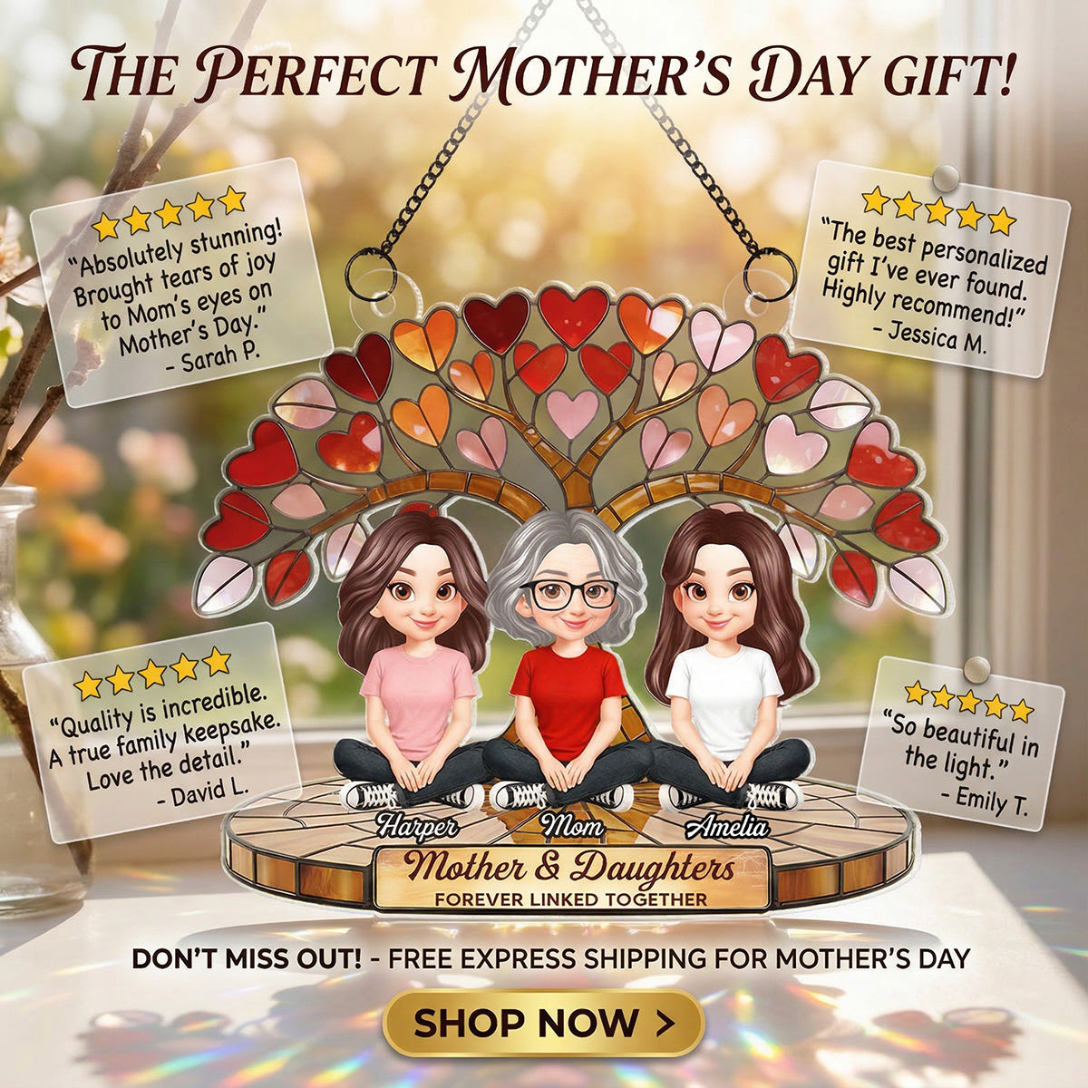 Mom And Son Daughter Under Heart Tree Forever Linked Together - Personalized Suncatcher Ornament - Gift For Mom