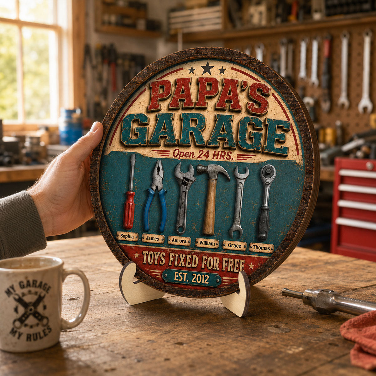 Papa Dad's Garage Toys Fixed For Free Custom Kid Name 2D Flat - Personalized 2-Layered Wooden Plaque - Father's Day Gift For Mechanic Dad, Grandpa
