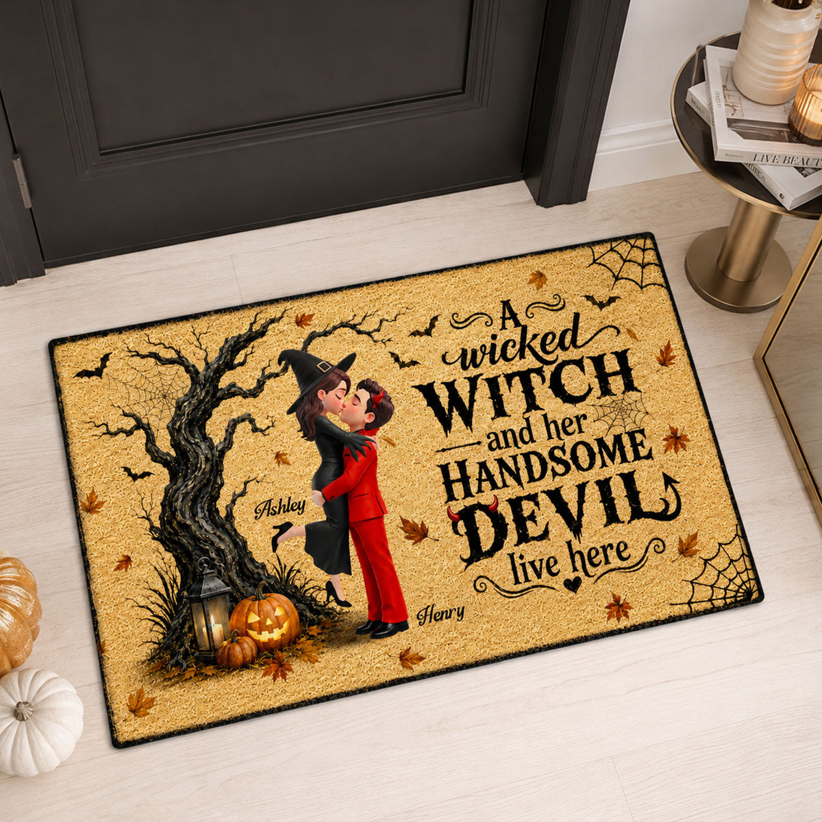 Wicked Witch And Handsome Devil Live Here - Personalized Doormat - Halloween Decor For Couple