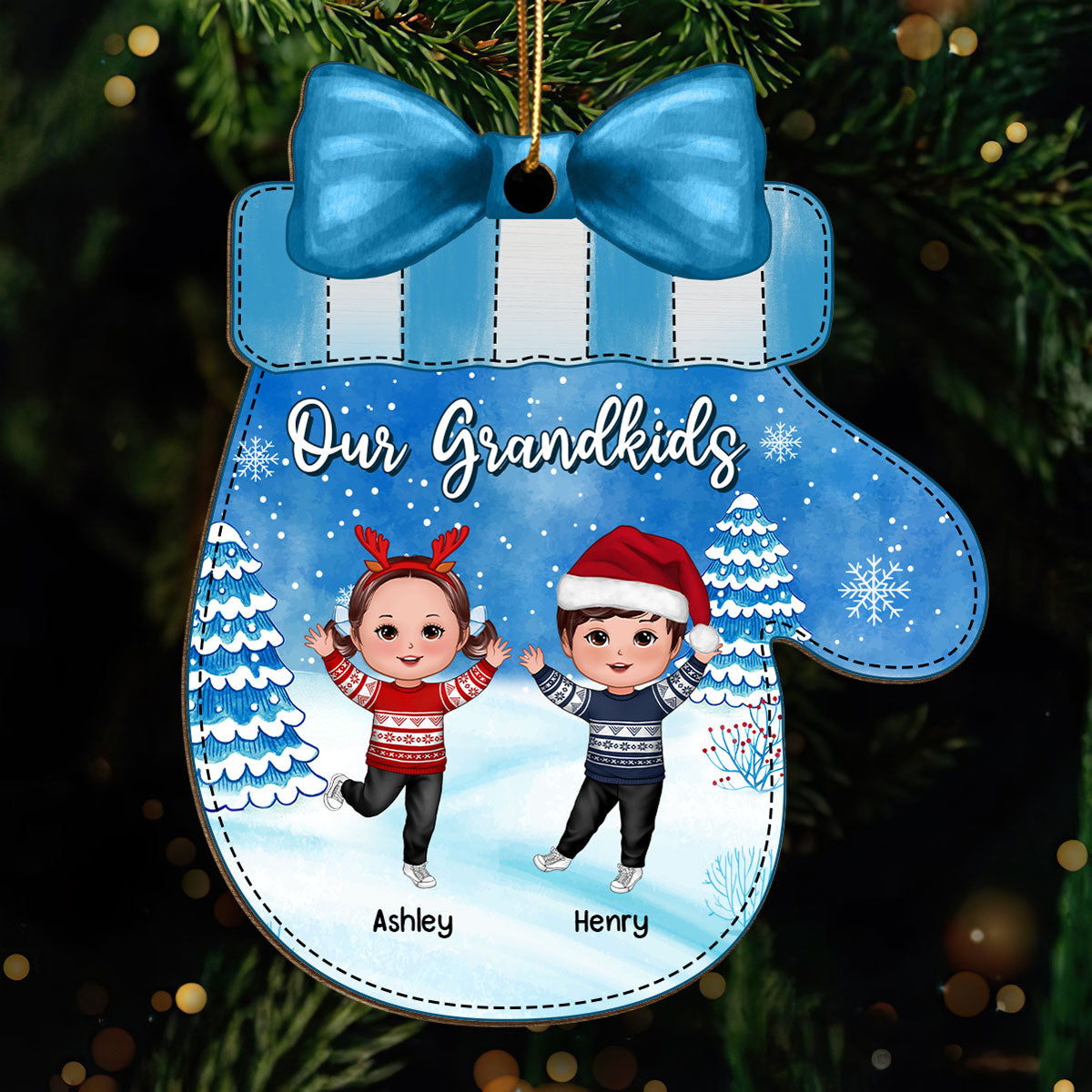 Happy Kids In Snow Glove Shaped Personalized Wooden Ornament