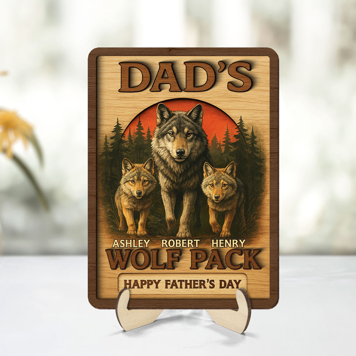Dad's Wolf Pack Personalized 2-Layered Wooden Plaque, Father's Day Gift for Dad