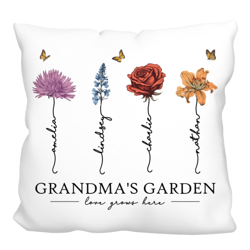 Grandma‘s Garden Love Grows Here Beautiful Birth Month Flower Gift For Grandma Mom Personalized Pillow