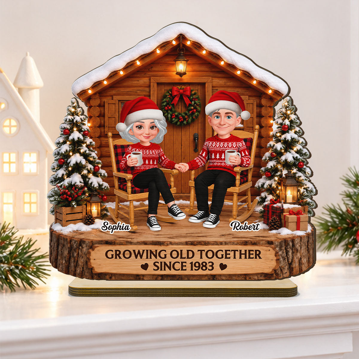 Eternal Love Couple Growing Old Together Wood Cabin House - Personalized 2-Layered Wooden Plaque - Christmas Gift, Anniversary Gift For Couple, For Him, For Her, Christmas Tabletop Decor