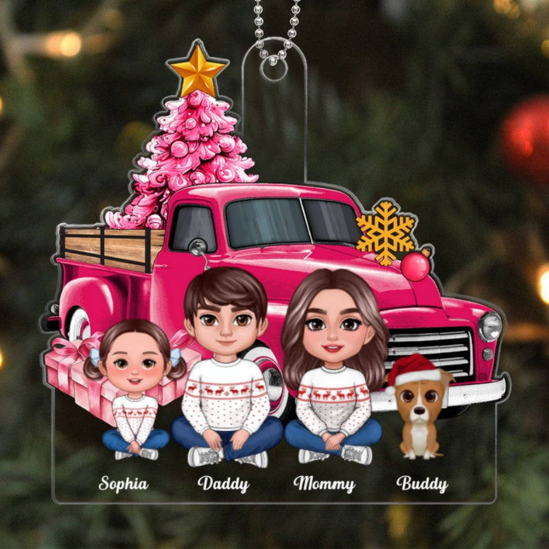 Pink Christmas Truck Family Personalized Acrylic Ornament