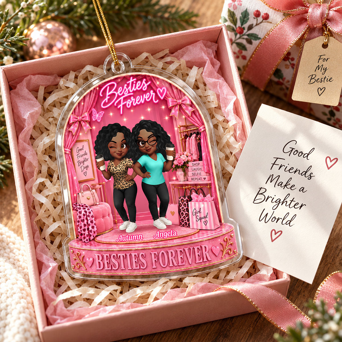 Besties Forever Pink Theme - Personalized Acrylic Ornament - Gift For Besties