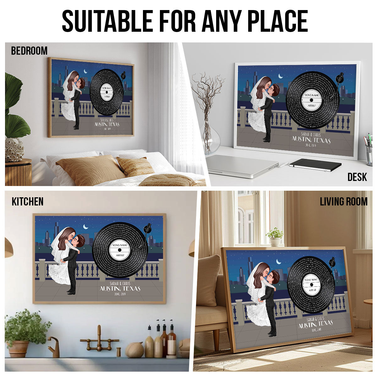 Groom & Bride City Wedding Song Poster, Personalized Couple Cartoon Portrait Wedding Gift Anniversary Gift  Gift For Him, For Her