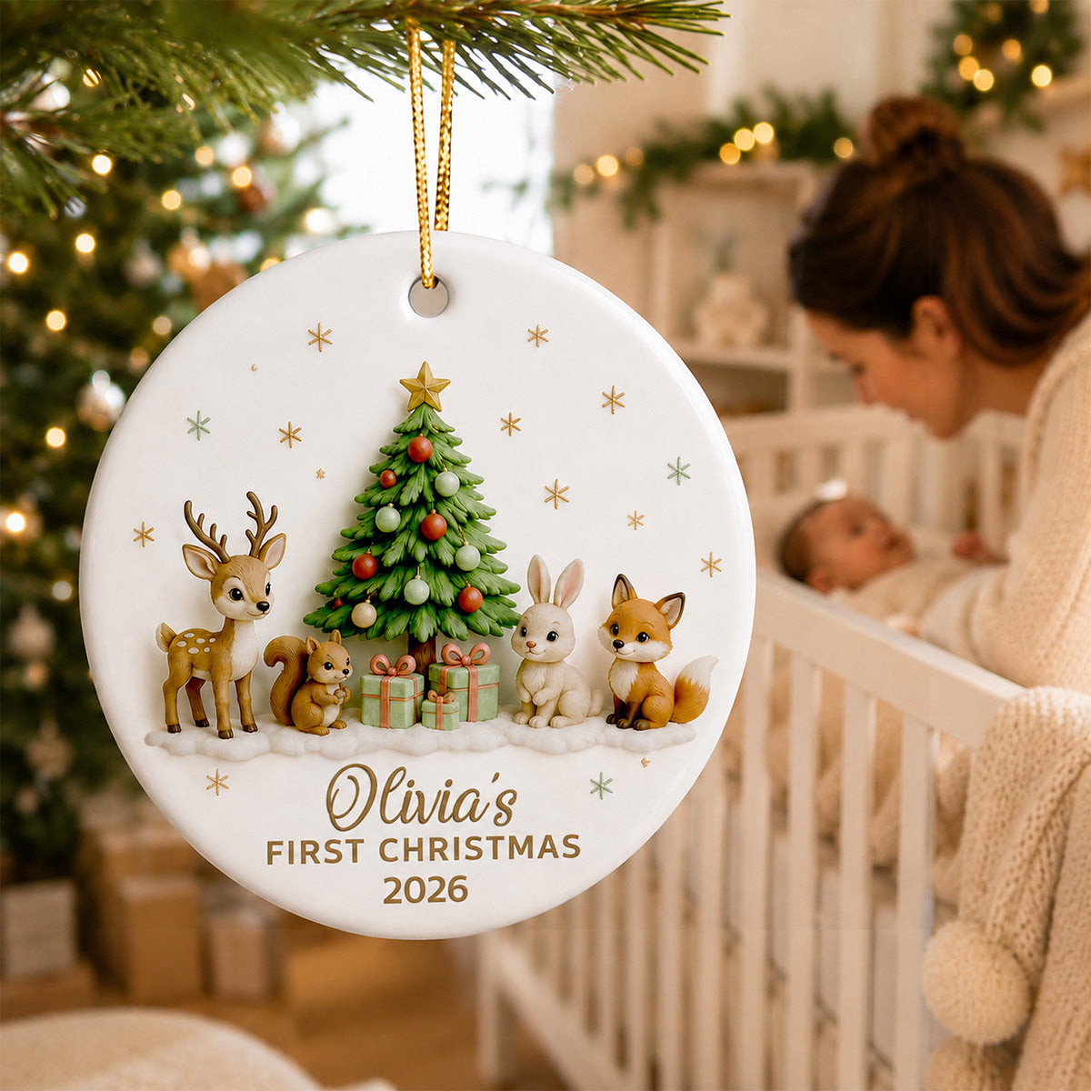Baby’s First Christmas Tree & Woodland Animals 3D - Personalized Ceramic Ornament - New Baby Christmas Keepsake