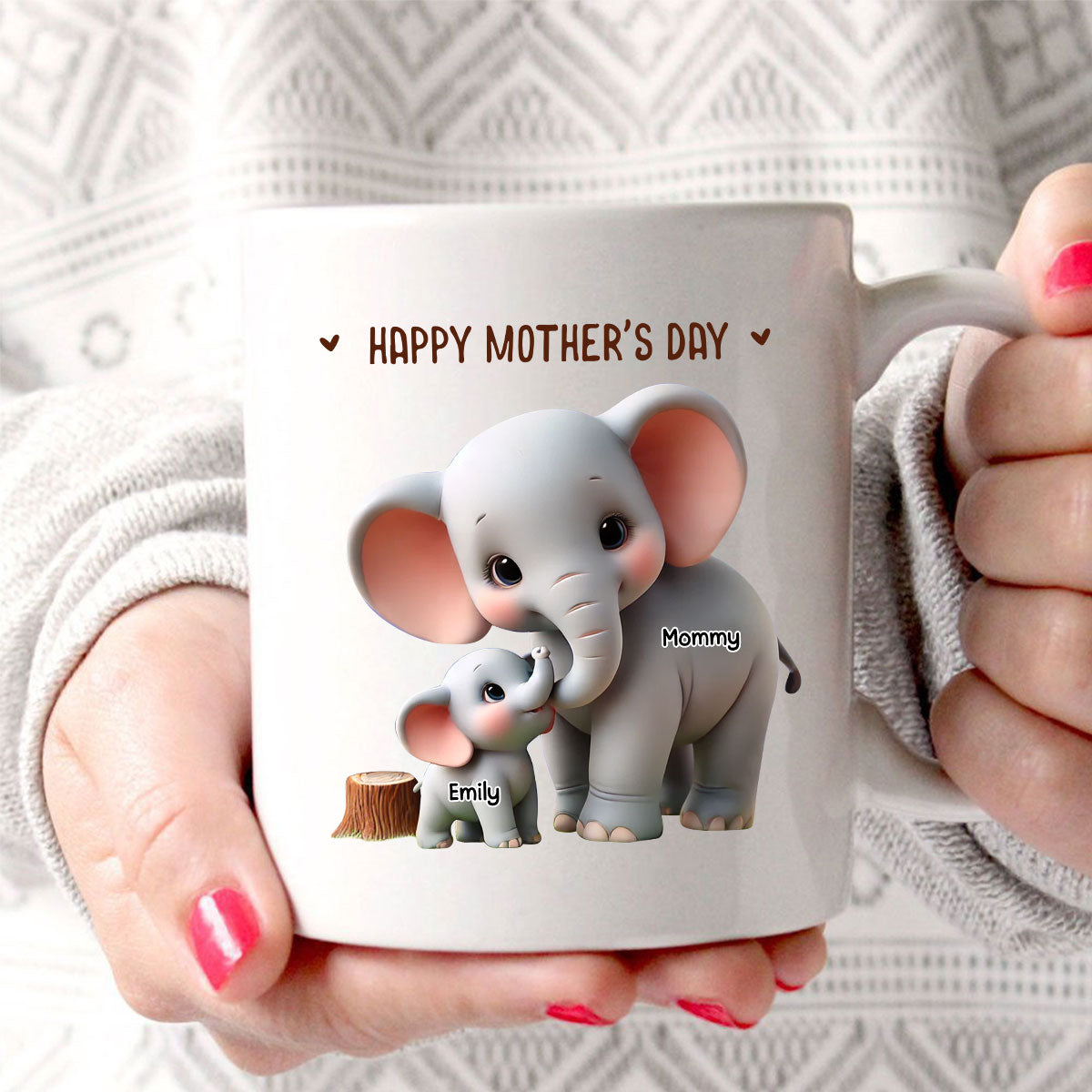 3D Effect Adorable Elephant Mom & Kids Grandma & Grandkids Personalized Mug, Perfect 2025 Gift For Mom, For Grandma