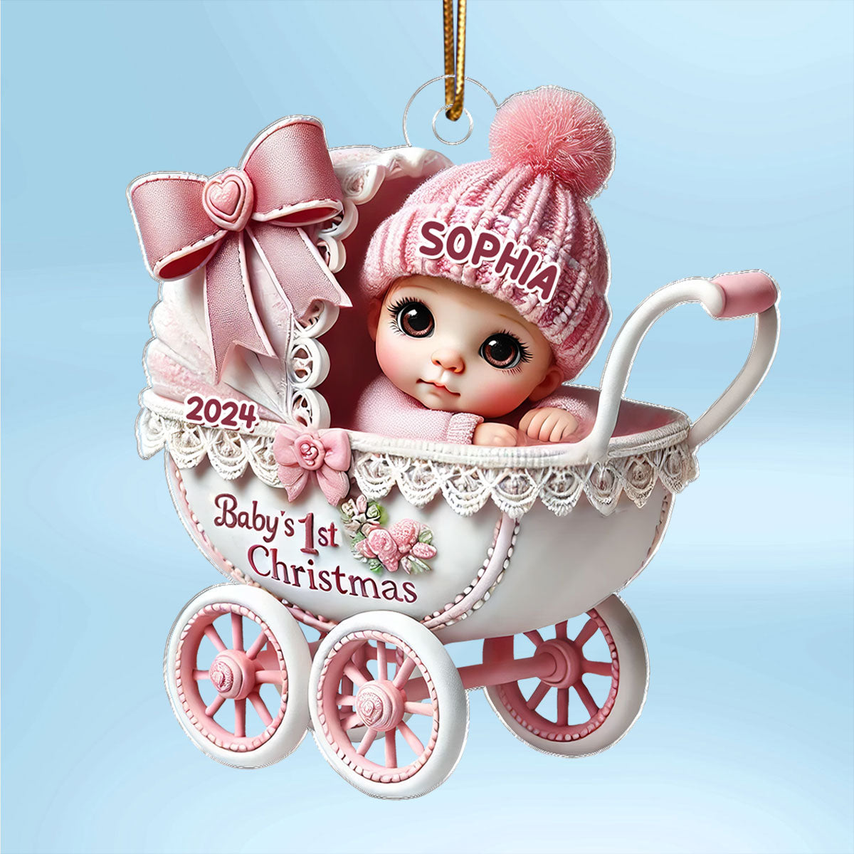 3D Effect Newborn Baby In Carriage Christmas Personalized Flat Acrylic Ornament, Christmas Gift For Newborns, New Parents