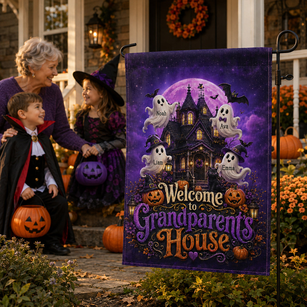 Welcome To Grandparent's House Boo Crew - Personalized Garden Flag - Halloween Decor Gift, Gift For Grandma Grandpa