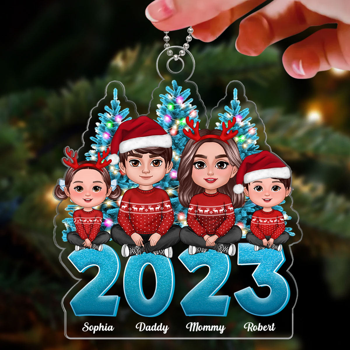 Family Crossed Legs Sitting Christmas Tree Blue Themed 2023 Dad Mom Kids Dogs Cats Personalized Acrylic Ornament