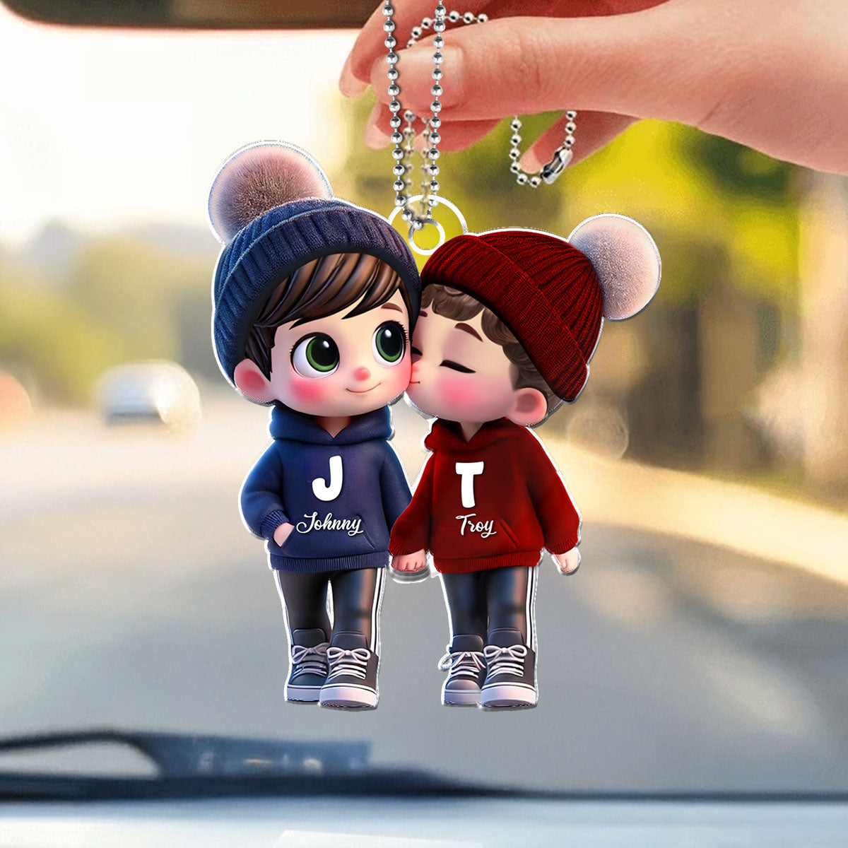 Personalized 3D Cartoon Gay Couple Car Ornament – Cute Acrylic Gift for Pride Month