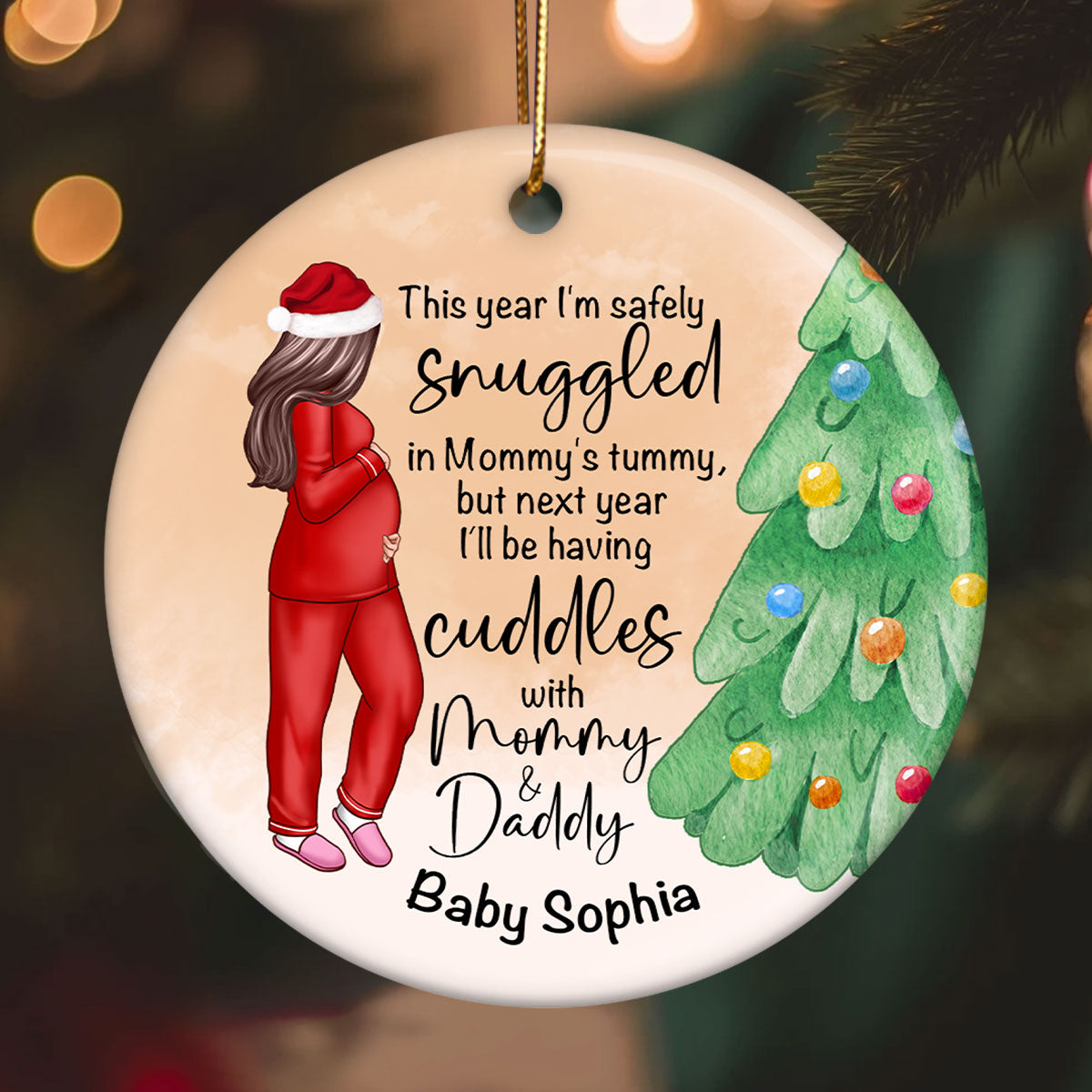 Bump Christmas, Pregnant Ornament, Snuggled in Mommy's Tummy, Personalized Circle Ceramic Ormament