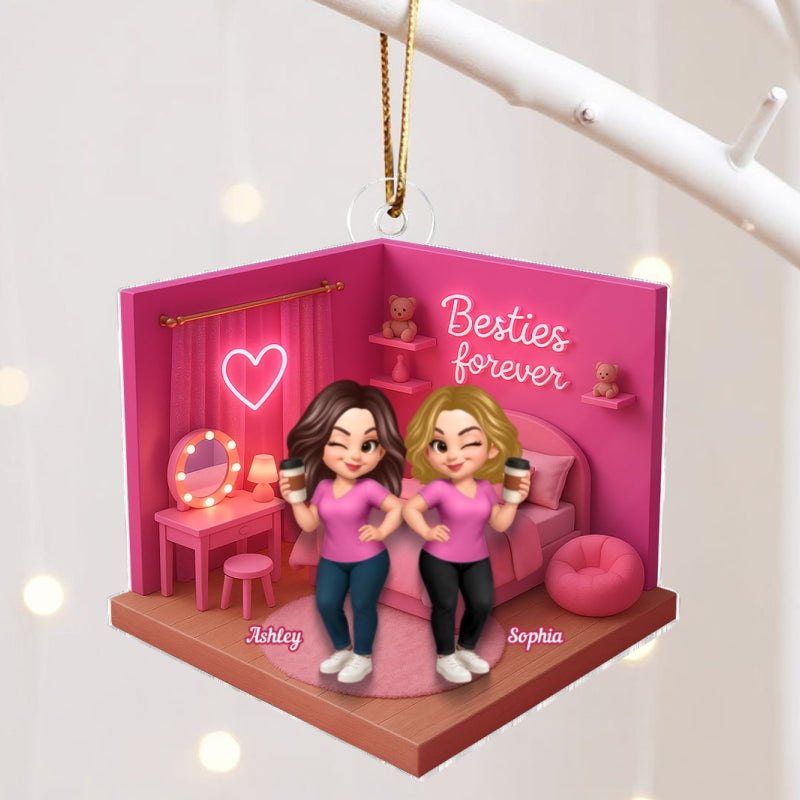 3D Effect Besties Pink Tone Dream Dollhouse Personalized Flat Acrylic Ornament