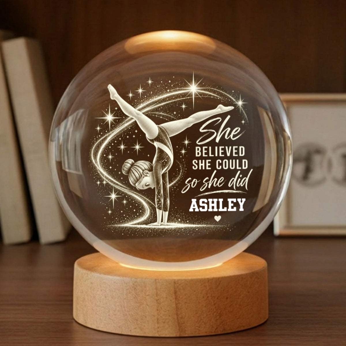 Beautiful Gymnastic Girl She Believed She Could So She Did - Personalized Crystal Ball LED Night Light - Christmas Gift For Gymnastic Girl, Gymnast, Daughter, Granddaughter